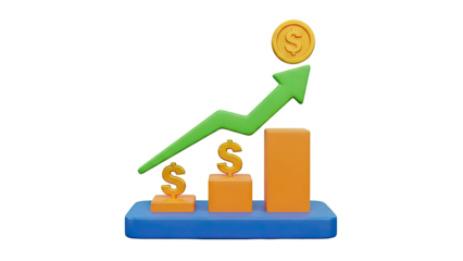 3D Graph with Green Upward Arrow and Dollar Signs on transparent background