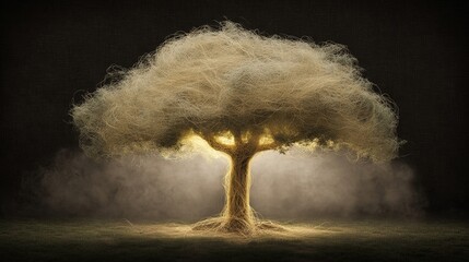 Symbolic tree of life transformation: classic diagram unraveled and rewoven into complex luminous network, soft volumetric light signifies growth