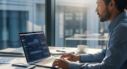 Data scientist analyzing historical noise sensor data on laptop extracting trends to design innovative urban noise reduction strategies and policies.