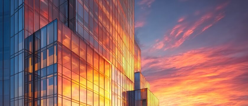 Modern glass skyscraper reflecting sunset colors