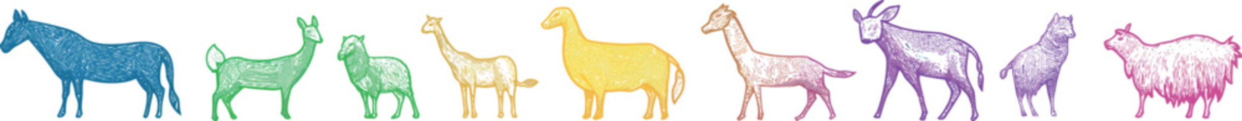 The illustration consists of a continuous line drawing of various farm animals, including horses, chickens, pigs, turkeys, rabbits, cows, and sheep, set against a backdrop of nature and agriculture