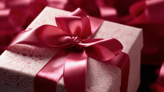 Elegant pink satin ribbon bow on patterned gift box evoking romantic celebration and joyful surprise