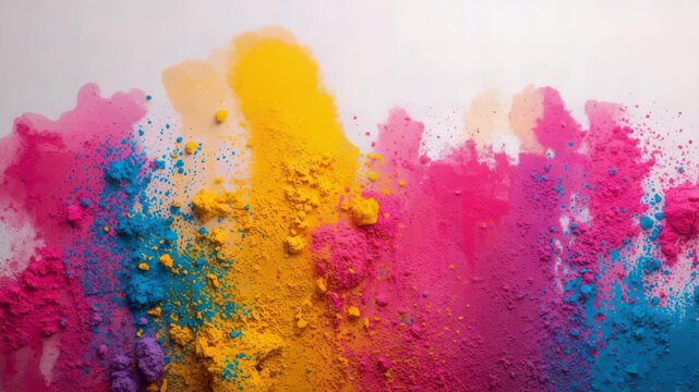 Colorful powder explosion magenta yellow blue vibrant layered streaks dynamic texture energetic