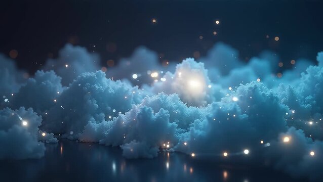 Ethereal Blue Cloudscape with Glowing Particles