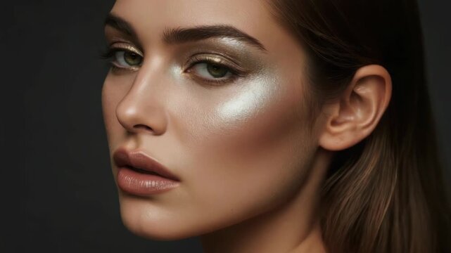 Radiant female portrait makeup metallic eye shadow highlighter glowing skin close up model face
