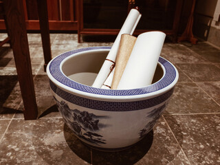 A container for picture scrolls in an ancient Chinese study.