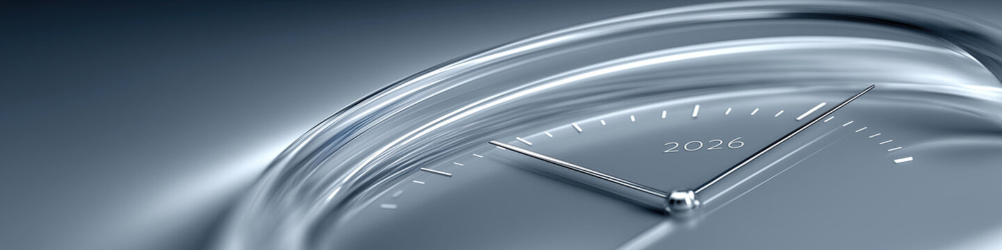 Curved glass clock face displays 2026 numerals amid metallic blue sheen.