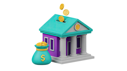 Cartoon Bank Building with Money Bag and Coins