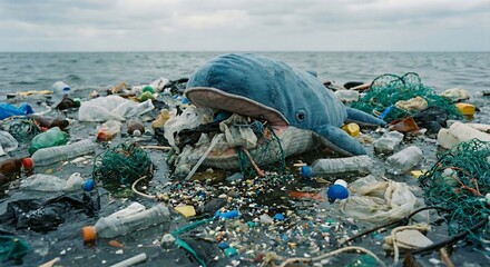 Plush Whale Toy with Mouth Full of Plastic Garbage