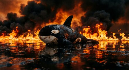 Plush Orca Whale Stranded in Oil Spill and Fire