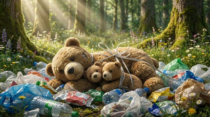 Plush Teddy Bear Family Surrounded by Plastic Waste in Forest