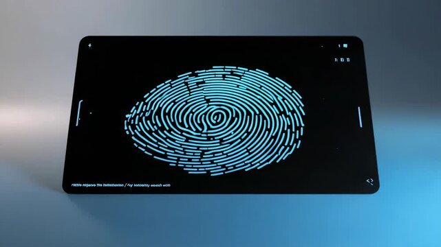 Glowing cyan fingerprint pattern black tablet screen and futuristic tablet with circular biometric
