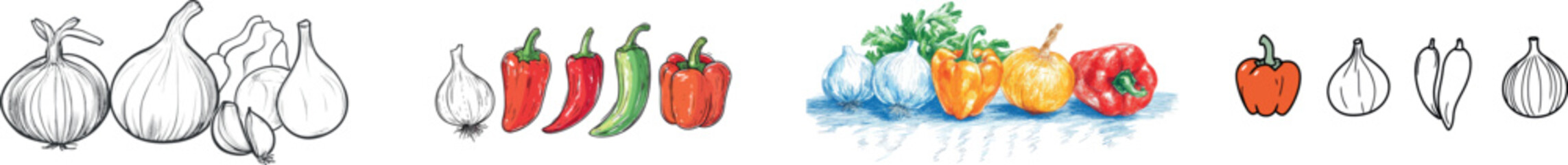 In a single, flowing line, the drawing connects images of garlic, tomato, bell pepper, and mushroom to create a cohesive set of vegetables