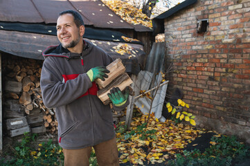 A bearded man works in the garden, collecting chopped firewood in a wheelbarrow in autumn or spring...