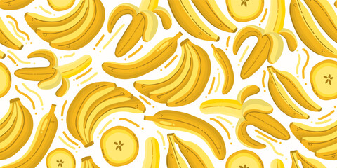 Fresh banana fruit seamless pattern vector illustration. Vibrant yellow banana bunches and slices seamless background © Wahib
