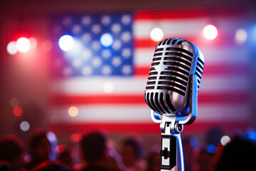 Close-up of a silver retro microphone on stage. In the background is a blurred American flag and colorful stage lights with a bokeh effect during a public event.