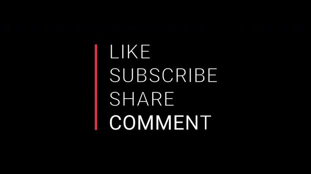 Animation of YouTube-like, subscribe, share, and comment text. Isolated on a black background with an alpha channel.