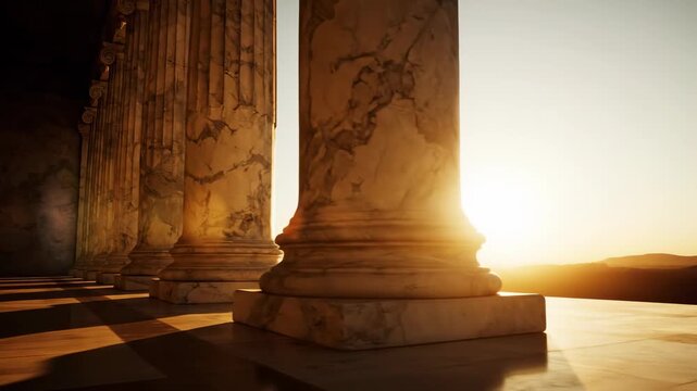 Dramatic cinematic dolly shot gliding past massive classical columns bathed in brilliant golden hour sunlight symbolizing academic achievement gliding, pillars, education