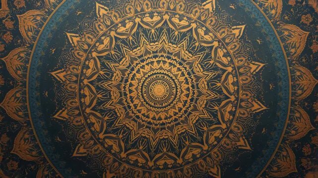 Intricate ornate golden mandala pattern deep teal textured background with ornate radial floral