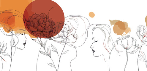 Modern illustration representing a woman's beauty and fashion concept through abstract portraits and flowers in a single-line style
