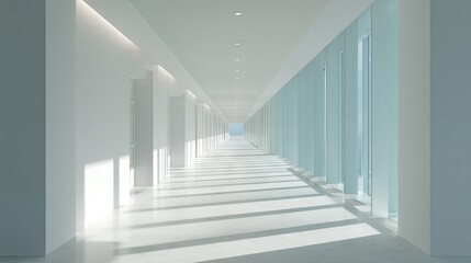 Bright and Modern Hallway with Floor-to-Ceiling Windows and Soft Shadows in Contemporary Architecture