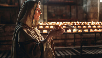 Woman in religious attire holding a lit candle inside a dimly lit chapel.