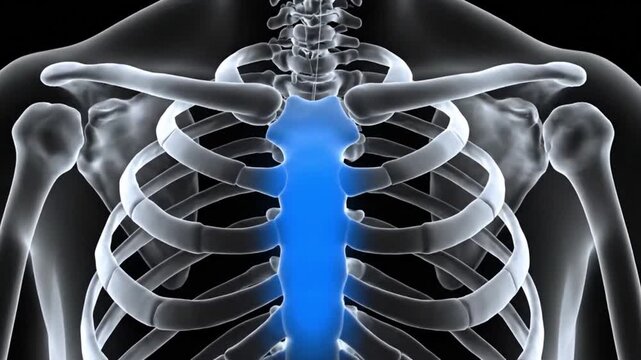 Detailed 3D rendering of the human rib cage and sternum highlighted in blue, for skeletal system education.