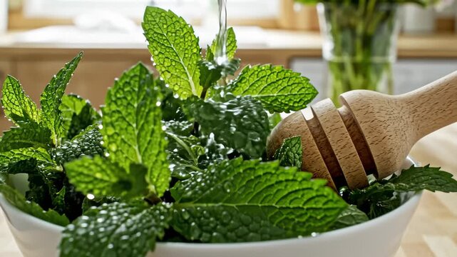 Washing Fresh Mint Leaves in White Bowl With Wooden Muddler