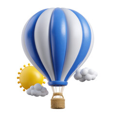 3d illustration of blue and white hot air balloon with sun and clouds isolated on transparent background