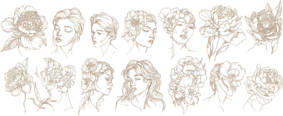 The modern illustration features abstract portraits and flowers in one line, symbolizing the concept of woman's beauty and fashion