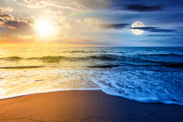 sand beach at the sea for summer solstice vacation. day and night time change concept. beautiful sunrise at perfect coast with calm waves, sun and moon. landscape for duality and transition template