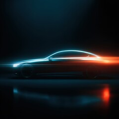 Naklejka premium Luxury car silhouette in dynamic lighting, showcasing a futuristic vision with abstract elements, emphasizing sleek design and innovative aesthetics, perfect for automotive enthusiasts
