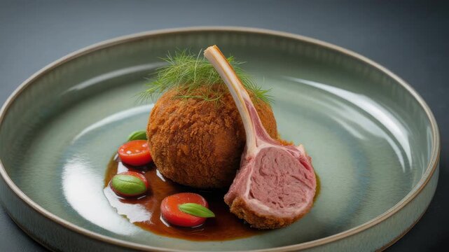 Breaded lamb cutlet breadcrumb herb fennel with glossy tomato glaze and crispy croquette garnish