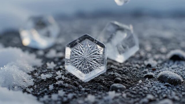 Extreme slow motion macro shot showing intricate hexagonal ice crystals descending and settling gently onto the rough surface of dark frozen ground pattern, deep focus, dusting