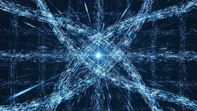 High speed digital data streams moving rapidly through complex interconnected networks across a dark blue abstract background motion graphics, internet, fiber optic