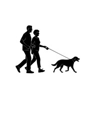 Active Senior Couple Silhouette Walking with Dog for Healthy Aging Retirement Lifestyle and Outdoor Fitness Motivation Graphic Vector