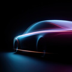 Premium vehicle design abstraction featuring smooth body lines illuminated by neon lights, showcasing a futuristic aesthetic with captivating visual appeal and dynamic energy