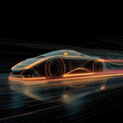 Sports car concept art featuring aerodynamic body lines and glowing light effects, showcasing a futuristic design with dynamic motion and sleek aesthetics
