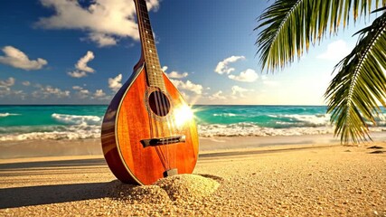 Sunny Beach Guitar Scene with Palm Trees and Ocean.