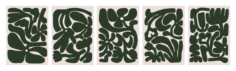 Abstract floral posters set in modern style. Contemporary flower card designs, wall art. Creative whimsical backgrounds with nature, organic shapes, pattern, texture. Flat vector illustrations