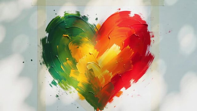 "Abstract Oil Painting of a Heart Symbol in Rasta Colors Green, Yellow, and Red with Textured Brushstrokes on Canvas"