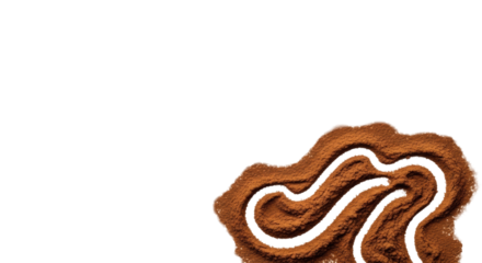 Fine earthy brown powder, like cocoa or cinnamon, organically scattered on a pristine matte white background, flat lay, sharp macro focus. Concept for culinary branding