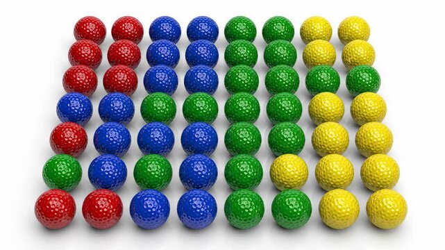 Seamless loop of a perfectly arranged square pattern of multicolored golf balls gently rippling and shifting across a pure white background golf equipment, design element, infinity
