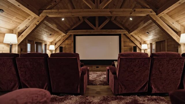 Slow cinematic dolly shot gliding through a softly lit, rustic attic home theater space featuring plush, textured seating and warm ambient glow slow, lit, property