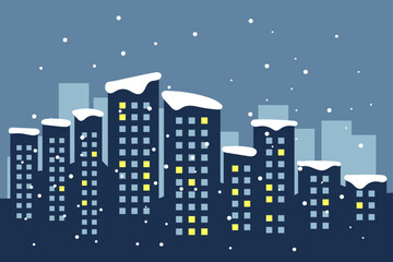 Fototapeta premium Panorama of a dark blue city vector illustration flat silhouette on a winter background light in the windows