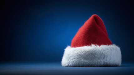 Festive holiday season is here. A red hat with white trim is centered on a solid blue background. Symbolizing joy, presents, winter, and holiday cheer. Merry Christmas to all!