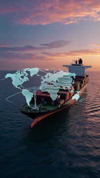 Cargo ship sails on ocean during sunset. Global trade and shipping illustrated with world map. Vertical orientation captures expansive maritime journey.