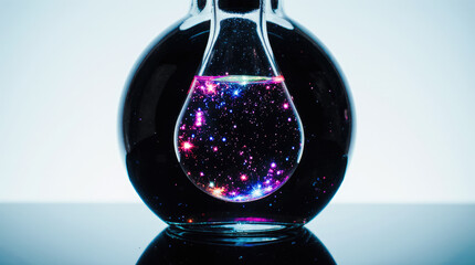 Glass flask filled with dark liquid containing a vibrant galaxy of stars, creating a mystical atmosphere, perfect for science fiction and fantasy themes, showcasing the beauty of the universe