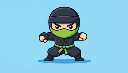 Cartoon Ninja Ready for Action with Green Mask and Belt.