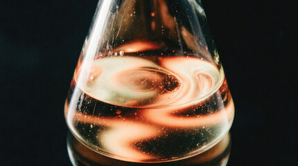 Glass flask with colorful swirling liquid against dark background highlighting fluid dynamics